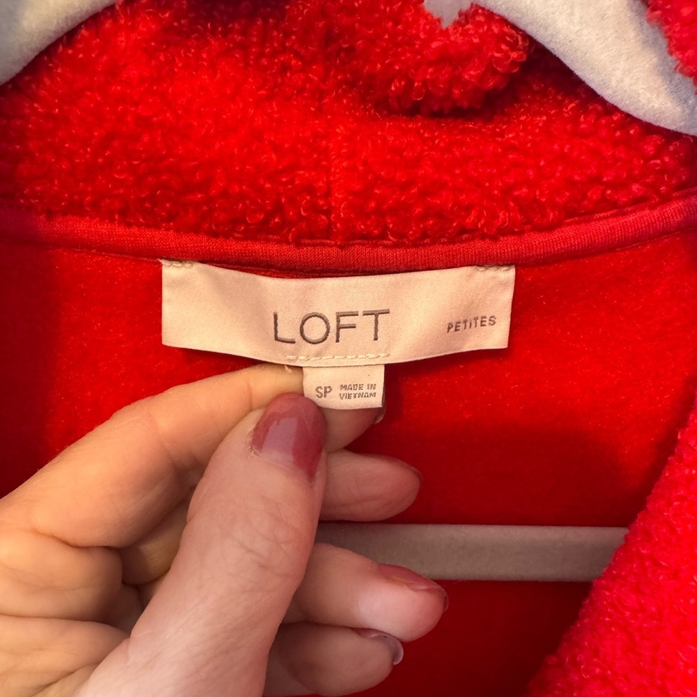LOFT Vibrant Red Fleece Sherpa Pullover Quarter Zip Size Small Petite - Picture 6 of 12